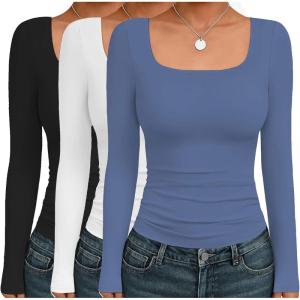 image:imageEkouaer Womens 3 Pack Long Sleeve Shirts Square Neck Basic Tops Fitted Tee Thermal Undershirts XSXXLBlackWhiteHaze Blue