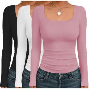 image:imageEkouaer Womens 3 Pack Long Sleeve Shirts Square Neck Basic Tops Fitted Tee Thermal Undershirts XSXXLBlackWhitePink