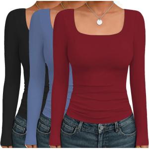 image:imageEkouaer Womens 3 Pack Long Sleeve Shirts Square Neck Basic Tops Fitted Tee Thermal Undershirts XSXXLBlackWineHaze Blue