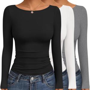 image:imageEkouaer Womens Boat Neck Tops 3 Packs Long Sleeve Shirts Ruched Fall Fashion 2025 Outfits Basic Thermal Underscrubs3pcs Black  Grey  White