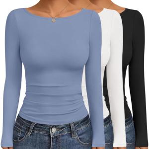 image:imageEkouaer Womens Boat Neck Tops 3 Packs Long Sleeve Shirts Ruched Fall Fashion 2025 Outfits Basic Thermal Underscrubs3pcs Black  Grey Blue  White