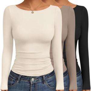 image:imageEkouaer Womens Boat Neck Tops 3 Packs Long Sleeve Shirts Ruched Fall Fashion 2025 Outfits Basic Thermal Underscrubs3pcs Black  Khaki  Beige