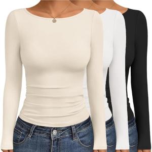 image:imageEkouaer Womens Boat Neck Tops 3 Packs Long Sleeve Shirts Ruched Fall Fashion 2025 Outfits Basic Thermal Underscrubs3pcs Black  White  Beige