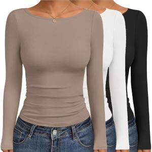 image:imageEkouaer Womens Boat Neck Tops 3 Packs Long Sleeve Shirts Ruched Fall Fashion 2025 Outfits Basic Thermal Underscrubs3pcs Black  White  Light Brown