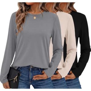 image:imageEkouaer Womens Long Sleeve Shirts 3 Pack Crew Neck Thermal Tops Loose Fit Undershirt Base Layer Trendy Clothes XSXXL3pcs Black  Beige  Grey