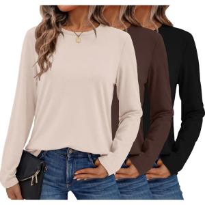 image:imageEkouaer Womens Long Sleeve Shirts 3 Pack Crew Neck Thermal Tops Loose Fit Undershirt Base Layer Trendy Clothes XSXXL3pcs Black  Brown  Beige