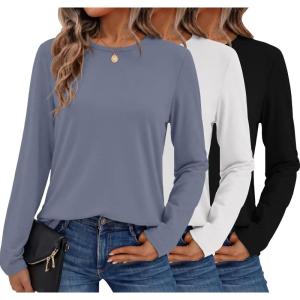 image:imageEkouaer Womens Long Sleeve Shirts 3 Pack Crew Neck Thermal Tops Loose Fit Undershirt Base Layer Trendy Clothes XSXXL3pcs Black  White  Gray Blue