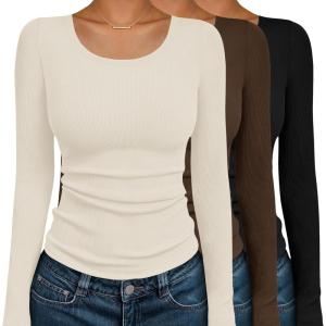 image:imageEkouaer Womens Long Sleeve Shirts 3 Packs Scoop Neck Ribbed Tops Fitted Thermal Undershirt Soft Layering Tees XSXXLBlackBrownBeige