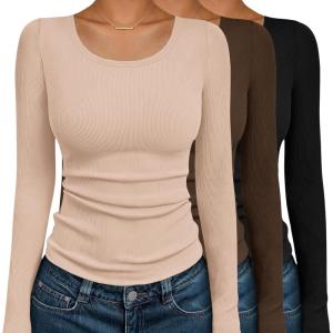 image:imageEkouaer Womens Long Sleeve Shirts 3 Packs Scoop Neck Ribbed Tops Fitted Thermal Undershirt Soft Layering Tees XSXXLBlackBrownBeige1