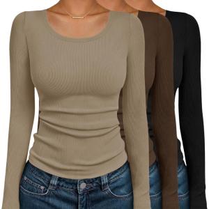 image:imageEkouaer Womens Long Sleeve Shirts 3 Packs Scoop Neck Ribbed Tops Fitted Thermal Undershirt Soft Layering Tees XSXXLBlackBrownKhaki
