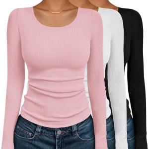 image:imageEkouaer Womens Long Sleeve Shirts 3 Packs Scoop Neck Ribbed Tops Fitted Thermal Undershirt Soft Layering Tees XSXXLBlackDirty PinkWhite