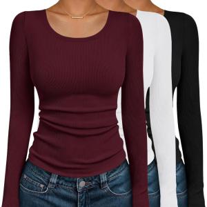 image:imageEkouaer Womens Long Sleeve Shirts 3 Packs Scoop Neck Ribbed Tops Fitted Thermal Undershirt Soft Layering Tees XSXXLBlackWhiteDark Red