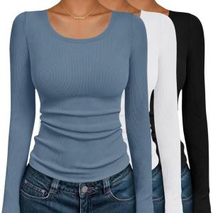 image:imageEkouaer Womens Long Sleeve Shirts 3 Packs Scoop Neck Ribbed Tops Fitted Thermal Undershirt Soft Layering Tees XSXXLBlackWhiteDusty Blue
