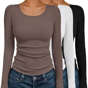 image:imageEkouaer Womens Long Sleeve Shirts 3 Packs Scoop Neck Ribbed Tops Fitted Thermal Undershirt Soft Layering Tees XSXXLBlackWhiteKhaki1