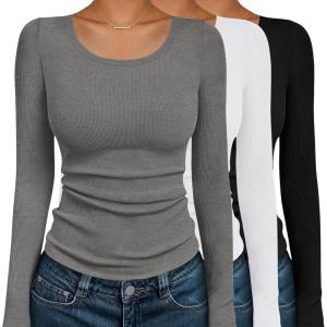 image:imageEkouaer Womens Long Sleeve Shirts 3 Packs Scoop Neck Ribbed Tops Fitted Thermal Undershirt Soft Layering Tees XSXXLBlackWhiteLight Grey