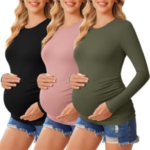 image:imageEkouaer Womens Maternity Crew Neck Long Sleeve Tee 3 Pack3pcs Black  Dirty Pink  Army Green