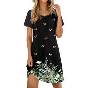 image:imageEkouaer Womens Nightgown Short Sleeve Night Dress Printed Sleepwear Soft Sleep Shirt S3XLBlack Butterfly Floral Print