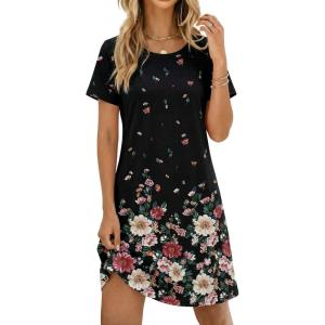 image:imageEkouaer Womens Nightgown Short Sleeve Night Dress Printed Sleepwear Soft Sleep Shirt S3XLBlack Flower