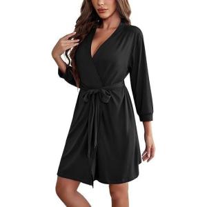 image:imageEkouaer Womens Robe Lightweight 34 Sleeve Knit Bathrobe Soft Knee Length Sleepwear Robes with PocketsBlack