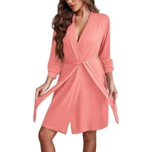 image:imageEkouaer Womens Robe Lightweight 34 Sleeve Knit Bathrobe Soft Knee Length Sleepwear Robes with PocketsOrange Pink