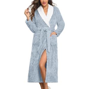 image:imageEkouaer Womens Robe Long Plush Soft Bathrobe Jacquard Color Block Robes Shawl Collar Sleepwear with Pockets SXXLLight Blue