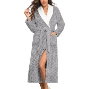image:imageEkouaer Womens Robe Long Plush Soft Bathrobe Jacquard Color Block Robes Shawl Collar Sleepwear with Pockets SXXLLight Grey