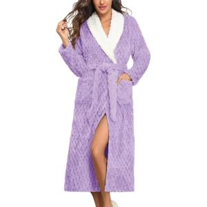 image:imageEkouaer Womens Robe Long Plush Soft Bathrobe Jacquard Color Block Robes Shawl Collar Sleepwear with Pockets SXXLLight Purple