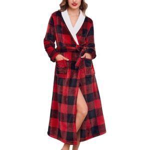 image:imageEkouaer Womens Robe Long Plush Soft Bathrobe Jacquard Color Block Robes Shawl Collar Sleepwear with Pockets SXXLRed Black Plaid