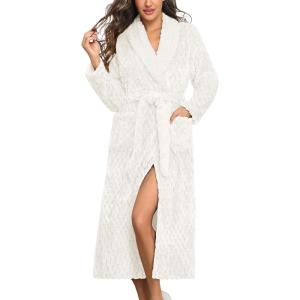 image:imageEkouaer Womens Robe Long Plush Soft Bathrobe Jacquard Color Block Robes Shawl Collar Sleepwear with Pockets SXXLWhite