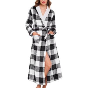 image:imageEkouaer Womens Robe Long Plush Soft Bathrobe Jacquard Color Block Robes Shawl Collar Sleepwear with Pockets SXXLWhite Black Plaid