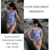 image:imageEkouaer Womens One Piece Swimsuits Square Neck Tummy Control Bathing Suit with Adjustable Ruffled Straps SwimwearBlue  White Porcelain Floral
