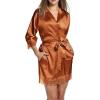 image:imageEkouaer Womens Silk Robe Short Lace Trim Satin Robe 34 Sleeve Sexy Kimono Bride Robe Comfy Sleepwear with PocketsCaramel