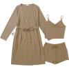 image:imageEkouaer Rib Knit Pajamas Set for Women 3 Piece Lounge Sets Soft Cami and Shorts Pjs with Cardigan Loungewear SXXLKhaki2