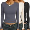 image:imageEkouaer Womens 3 Pack Long Sleeve Shirts Ruched Side Fitted Undershirts Round Neck Underscrubs Thermal Tops XSXXLBeigeGreyBlack