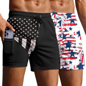 image:imageEkouaer 2 Pack Mens Swim Trunks 5 with Compression Liner 2 in 1 Board Shorts Quick Dry Bathing Suit Swimwear Zipper PocketAmerican FlagBlack American Flag