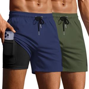 image:imageEkouaer 2 Pack Mens Swim Trunks 5 with Compression Liner 2 in 1 Board Shorts Quick Dry Bathing Suit Swimwear Zipper PocketArmy GreenNavy Blue