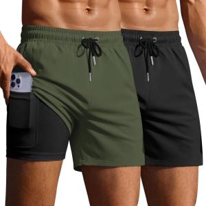 image:imageEkouaer 2 Pack Mens Swim Trunks 5 with Compression Liner 2 in 1 Board Shorts Quick Dry Bathing Suit Swimwear Zipper PocketBlackArmy Green