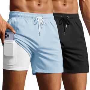 image:imageEkouaer 2 Pack Mens Swim Trunks 5 with Compression Liner 2 in 1 Board Shorts Quick Dry Bathing Suit Swimwear Zipper PocketBlackLight Blue