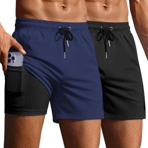 image:imageEkouaer 2 Pack Mens Swim Trunks 5 with Compression Liner 2 in 1 Board Shorts Quick Dry Bathing Suit Swimwear Zipper PocketBlackNavy Blue