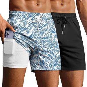 image:imageEkouaer 2 Pack Mens Swim Trunks 5 with Compression Liner 2 in 1 Board Shorts Quick Dry Bathing Suit Swimwear Zipper PocketBlackPlant Leaves