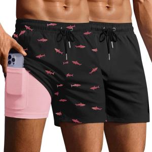 image:imageEkouaer 2 Pack Mens Swim Trunks 5 with Compression Liner 2 in 1 Board Shorts Quick Dry Bathing Suit Swimwear Zipper PocketBlackShark Black
