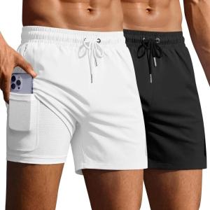 image:imageEkouaer 2 Pack Mens Swim Trunks 5 with Compression Liner 2 in 1 Board Shorts Quick Dry Bathing Suit Swimwear Zipper PocketBlackWhite