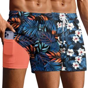image:imageEkouaer 2 Pack Mens Swim Trunks 5 with Compression Liner 2 in 1 Board Shorts Quick Dry Bathing Suit Swimwear Zipper PocketHawaii Floral NavyTropical Leaves Orange
