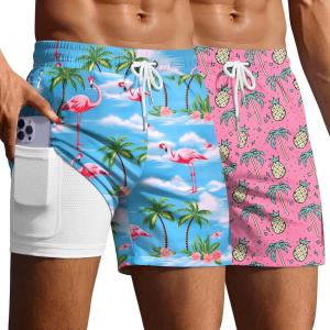 image:imageEkouaer 2 Pack Mens Swim Trunks 5 with Compression Liner 2 in 1 Board Shorts Quick Dry Bathing Suit Swimwear Zipper PocketPinapple Palm PinkFlamingo Blue