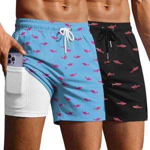 image:imageEkouaer 2 Pack Mens Swim Trunks 5 with Compression Liner 2 in 1 Board Shorts Quick Dry Bathing Suit Swimwear Zipper PocketShark BlackShark Turquoise