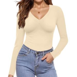 image:imageEkouaer Long Sleeve Shirts for Women V Neck Basics Tops Lightweight Base Layer Slim Fit Top Thermal UndershirtsBeige