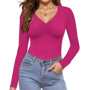 image:imageEkouaer Long Sleeve Shirts for Women V Neck Basics Tops Lightweight Base Layer Slim Fit Top Thermal UndershirtsHot Pink