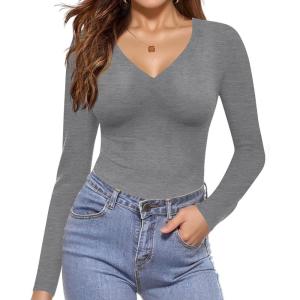 image:imageEkouaer Long Sleeve Shirts for Women V Neck Basics Tops Lightweight Base Layer Slim Fit Top Thermal UndershirtsLight Grey
