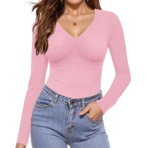image:imageEkouaer Long Sleeve Shirts for Women V Neck Basics Tops Lightweight Base Layer Slim Fit Top Thermal UndershirtsPink