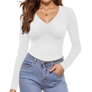image:imageEkouaer Long Sleeve Shirts for Women V Neck Basics Tops Lightweight Base Layer Slim Fit Top Thermal UndershirtsWhite